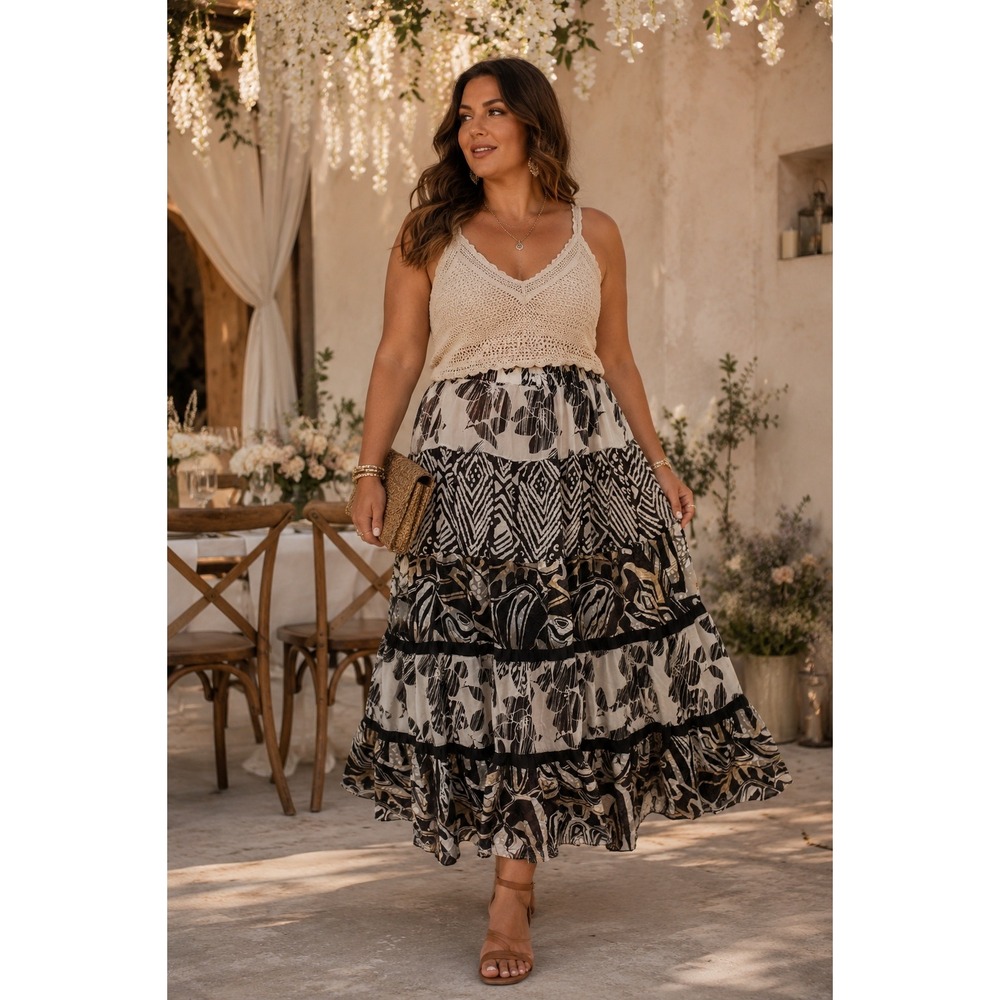 Boho Glam Chicos Silk Blend Black White Beige Floral Tiered XL 16/18 Midi Skirt